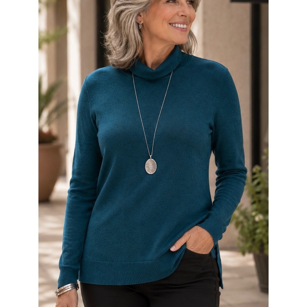 Chico's Crystal Teal Ashlan Turtleneck Sweater Large Basic Knit Long Sleeve